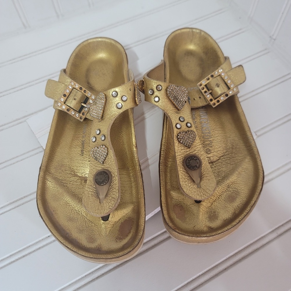 Birkenstock Heidi Klum Gold Leather Swarovski Heart Sandals Womens 37 US 6-6.5